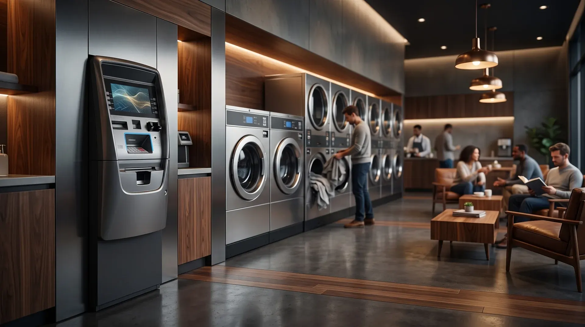 Clean modern laundromat designed for convenient cash access