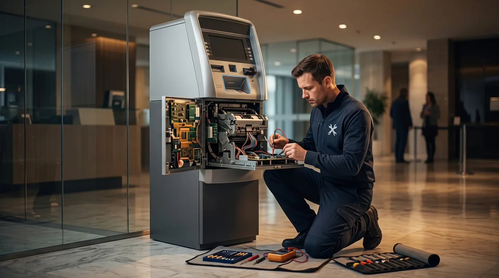Technician performing preventive maintenance inside an ATM