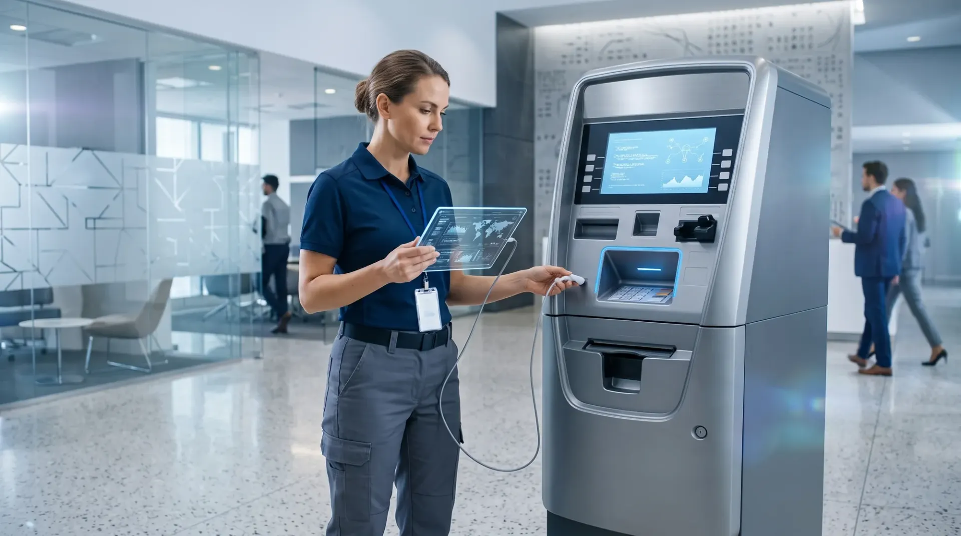 Technician running diagnostics on a professionally managed ATM