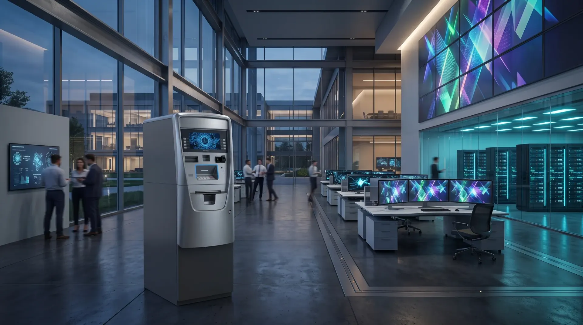 ATM positioned within a modern office lobby